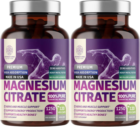 Front view of 2-pack magnesium citrate capsules bottle showing 1250 mg serving