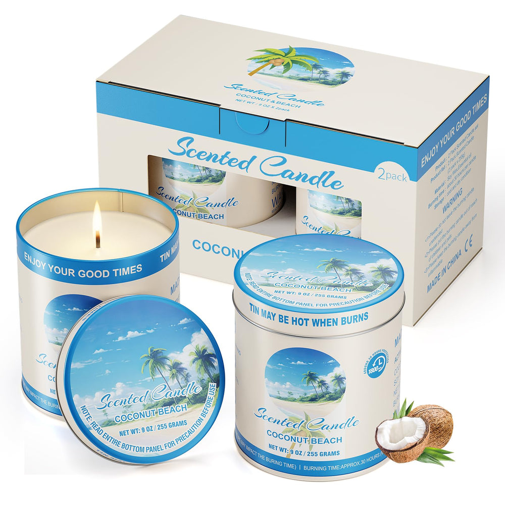 Two 9 oz soy wax scented candles in embossed tin with Coconut Beach label