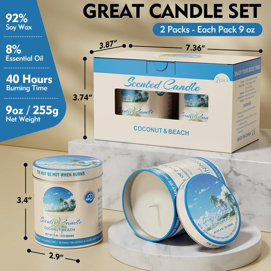 Close-up of Coconut Beach scented candle tin