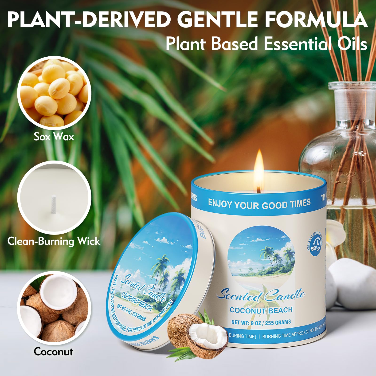 Embellished tin packaging showing Coconut Beach candle detail