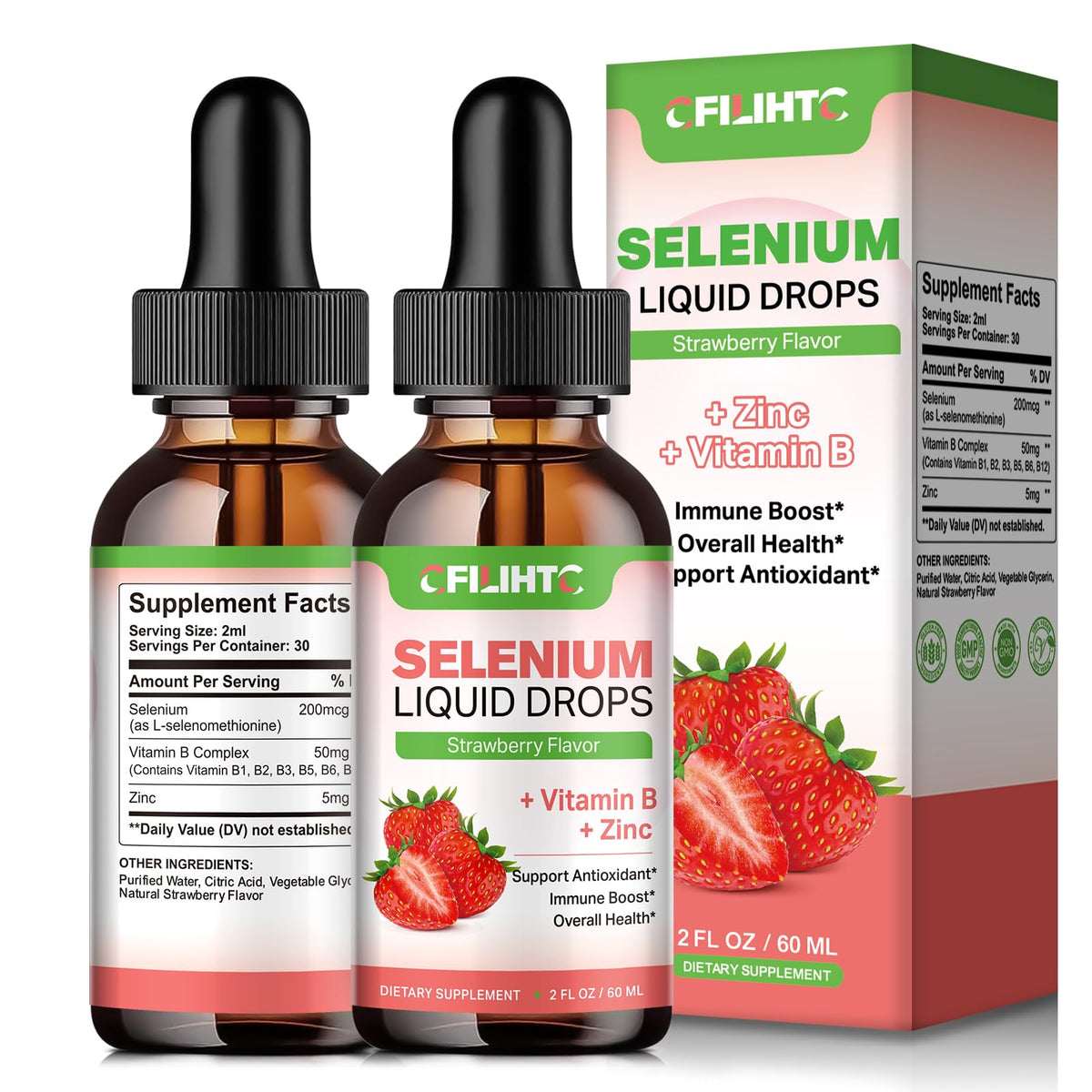Two bottles of Selenium Liquid Drops (2-pack) with strawberry flavor