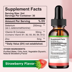 Close-up of dropper dispensing strawberry-flavored selenium liquid