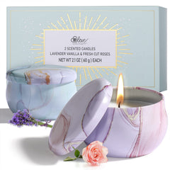 Two soy candle tins gift set with lavender vanilla and rose scents