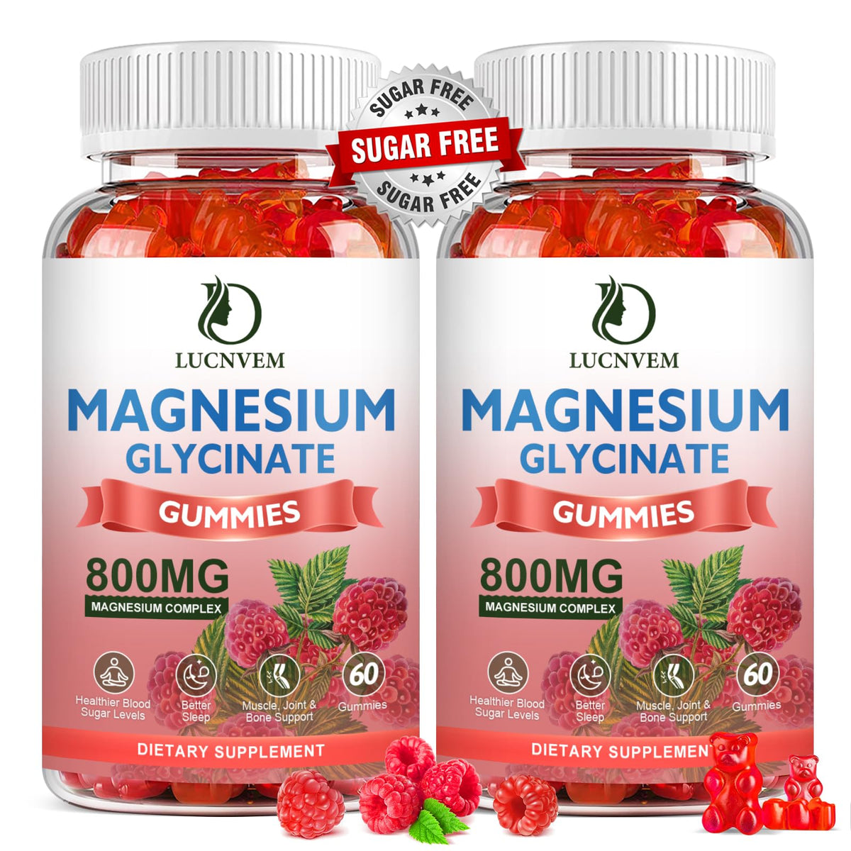 Two-pack sugar-free magnesium glycinate gummies raspberry flavor bottle