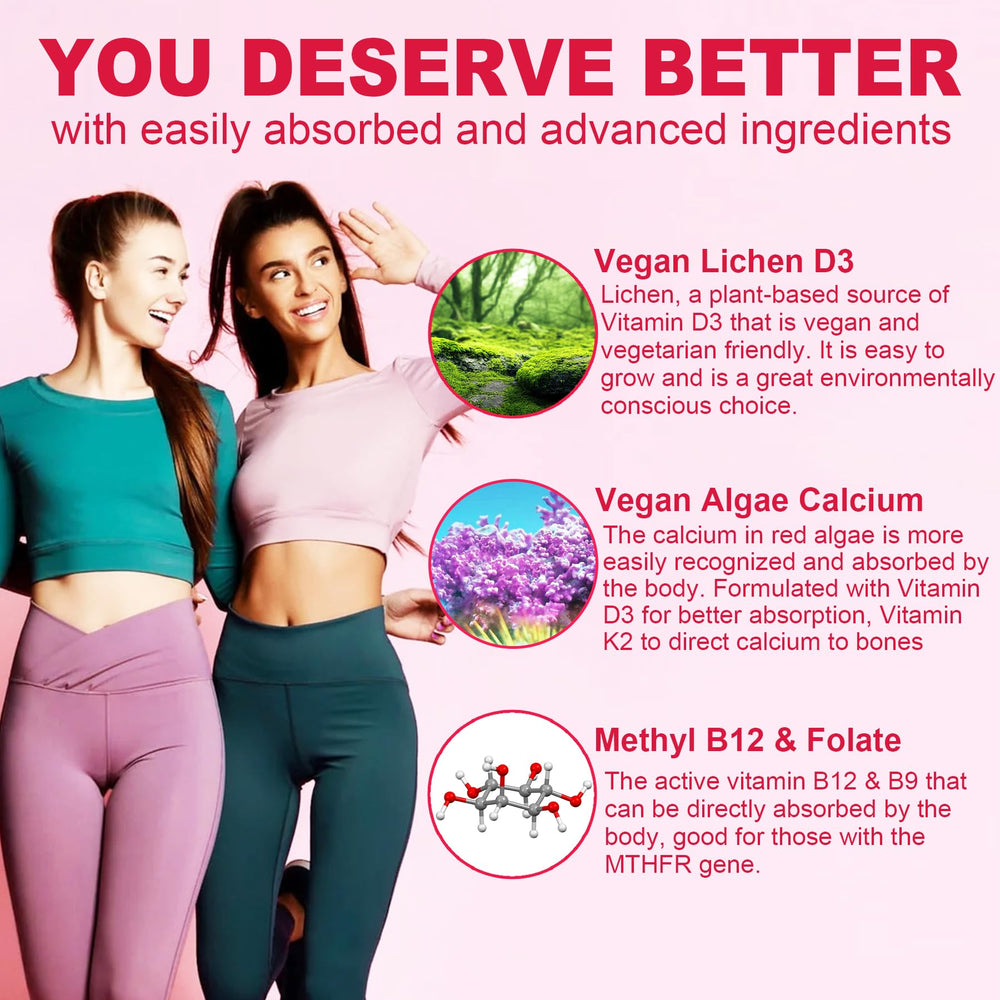 Packaging and bottle with vegan symbol and B complex nutrients