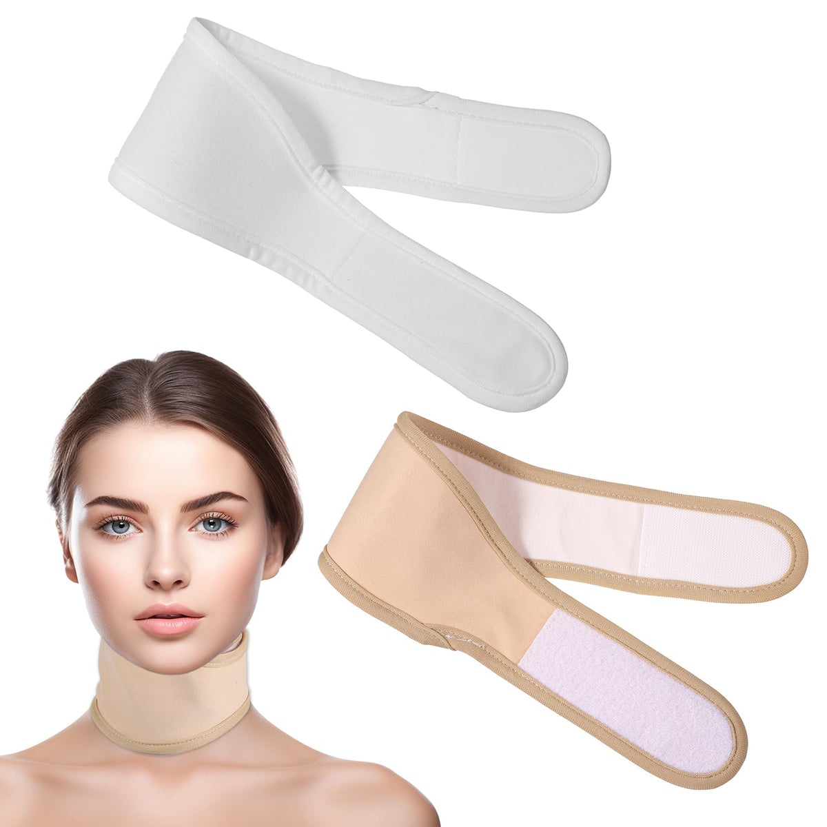 Front view of white thyroid castor oil neck wrap