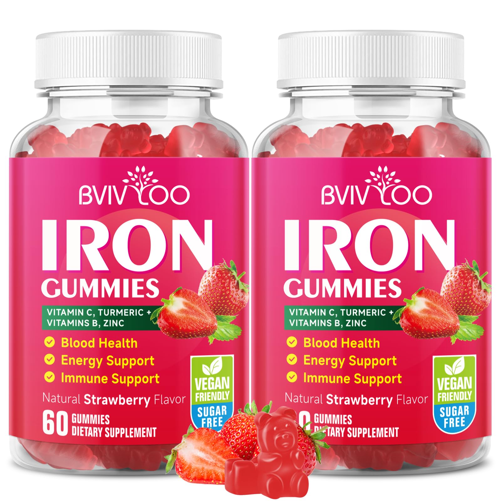 Front view of 2-pack vegan iron gummies with 120-count