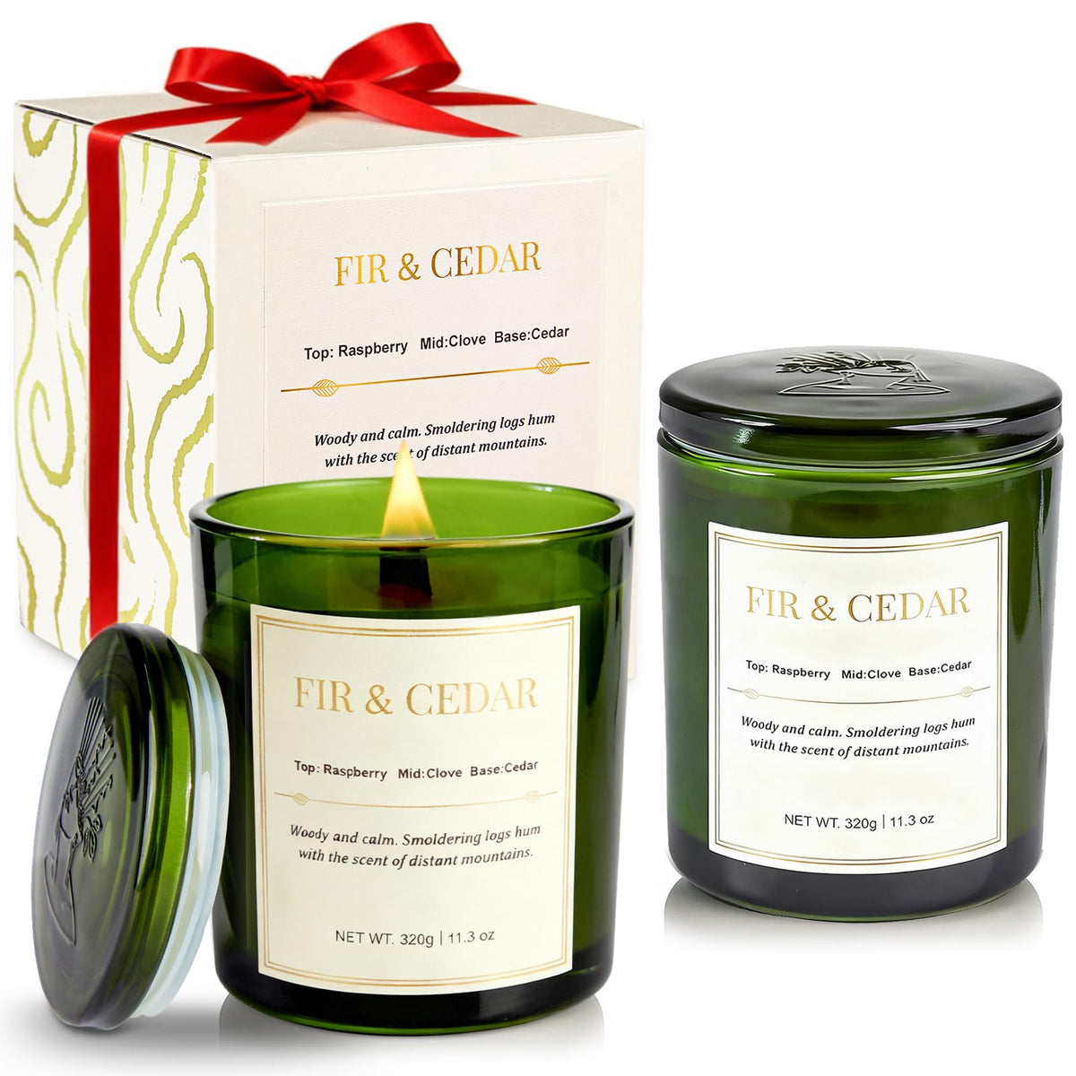 Two Wood Wick scented candles in individual gift boxes: Balsam Fir and Cedarwood.