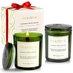 Two Wood Wick scented candles in individual gift boxes: Balsam Fir and Cedarwood.