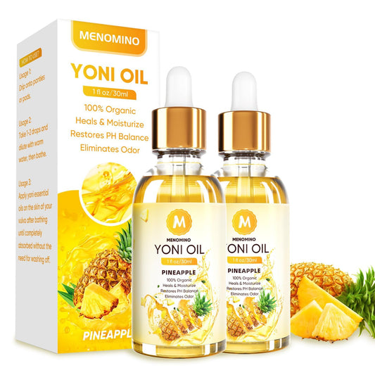 Front view of the 2-pack Yoni Oil Pineapple bottle