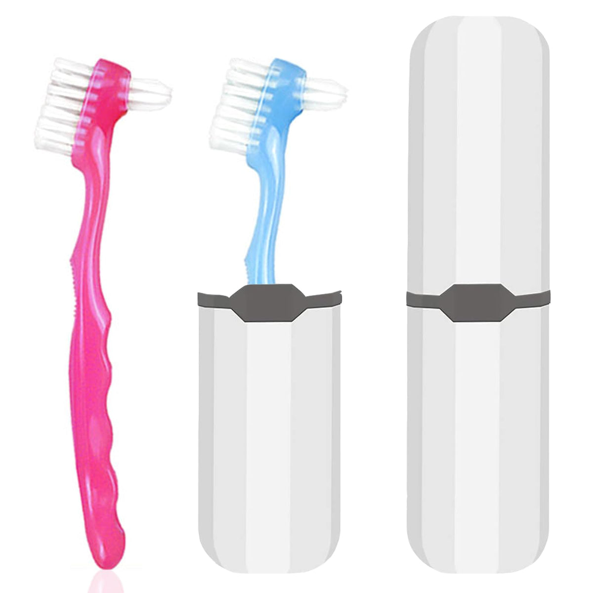 Two-piece denture cleaning brush set in blue and red with multi-layered bristles