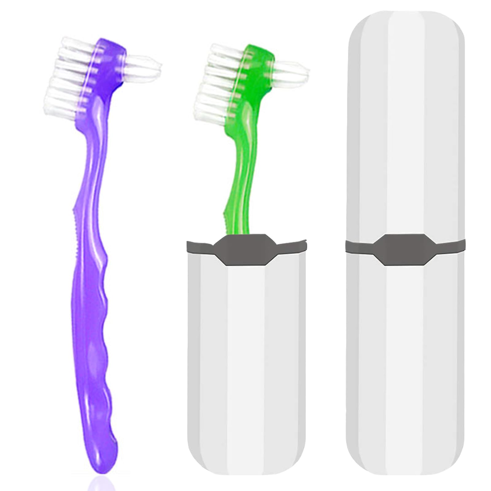 Two-piece denture cleaning brush set with green and purple ergonomic handles