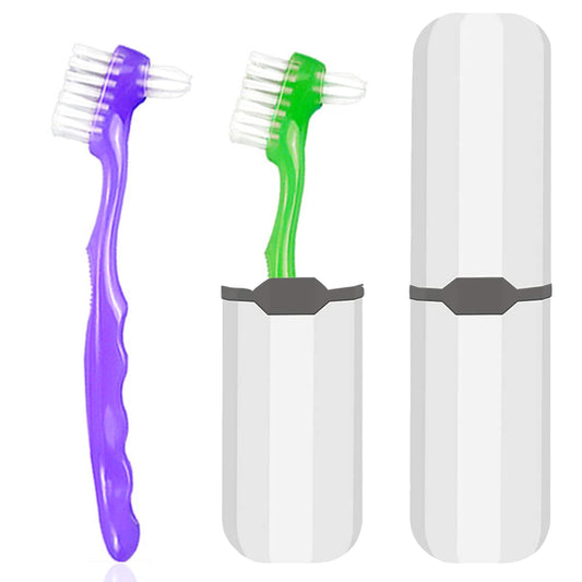 Two-piece denture cleaning brush set with green and purple ergonomic handles