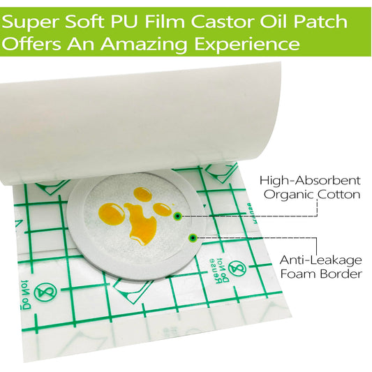 Close-up of the 3.2 x 3.2 inch castor oil patch showing self-adhesive surface