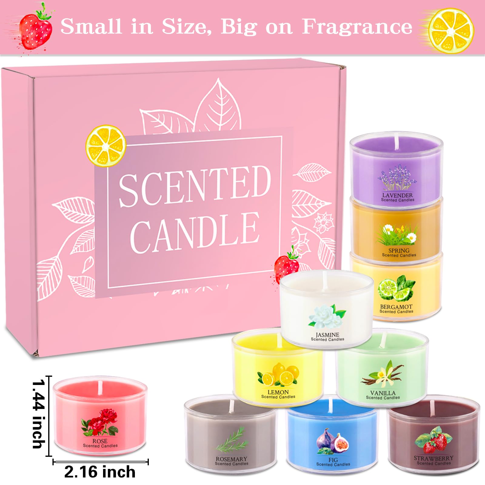 Rose, Jasmine, and Lemon mini jar candles in the set