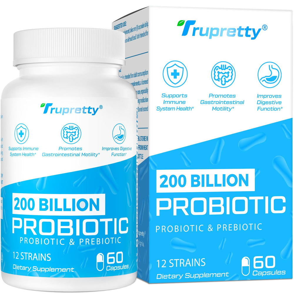 Bottle labeled 200 Billion CFUs probiotic with 12 strains and 60 capsules