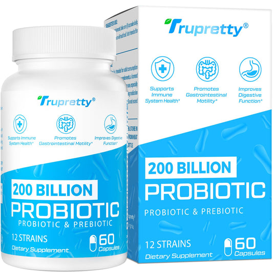 Bottle labeled 200 Billion CFUs probiotic with 12 strains and 60 capsules