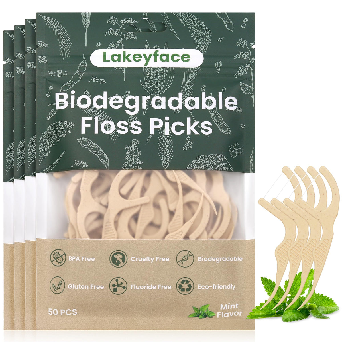 200-count biodegradable dental floss picks made from corn starch