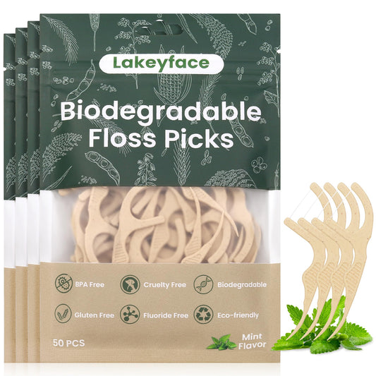 200-count biodegradable dental floss picks made from corn starch
