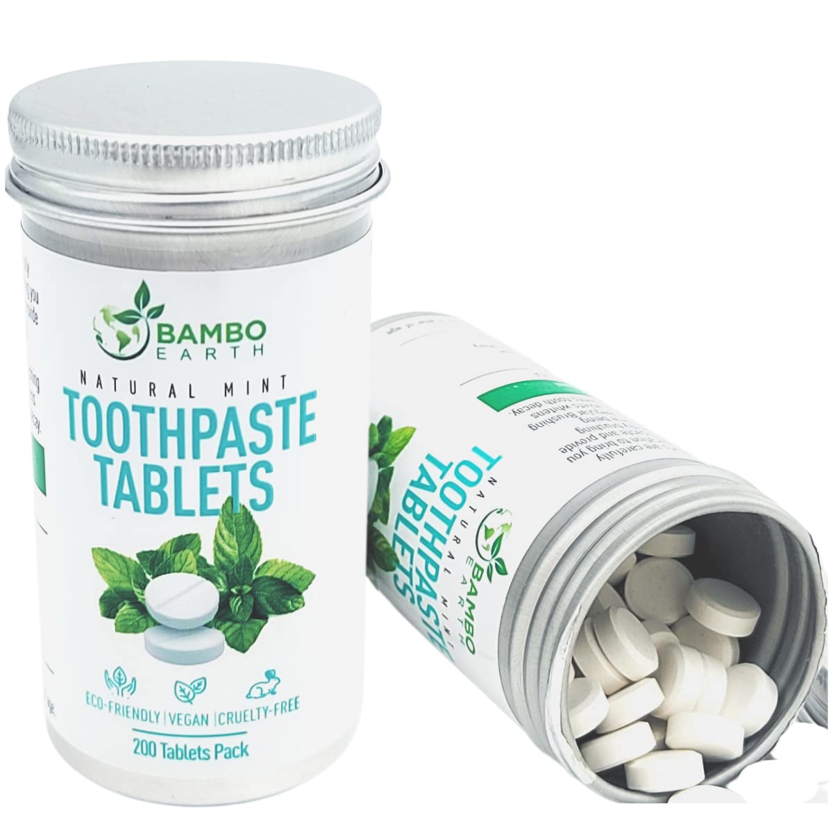 200-pack natural toothpaste tablets in mint and activated charcoal inside a recyclable tin