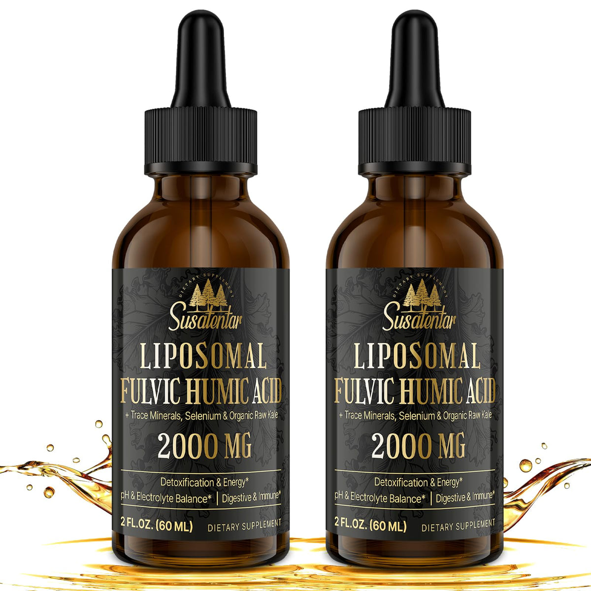Front view of 4 oz bottle labeled 2000 mg Liposomal Fulvic & Humic Acid Complex