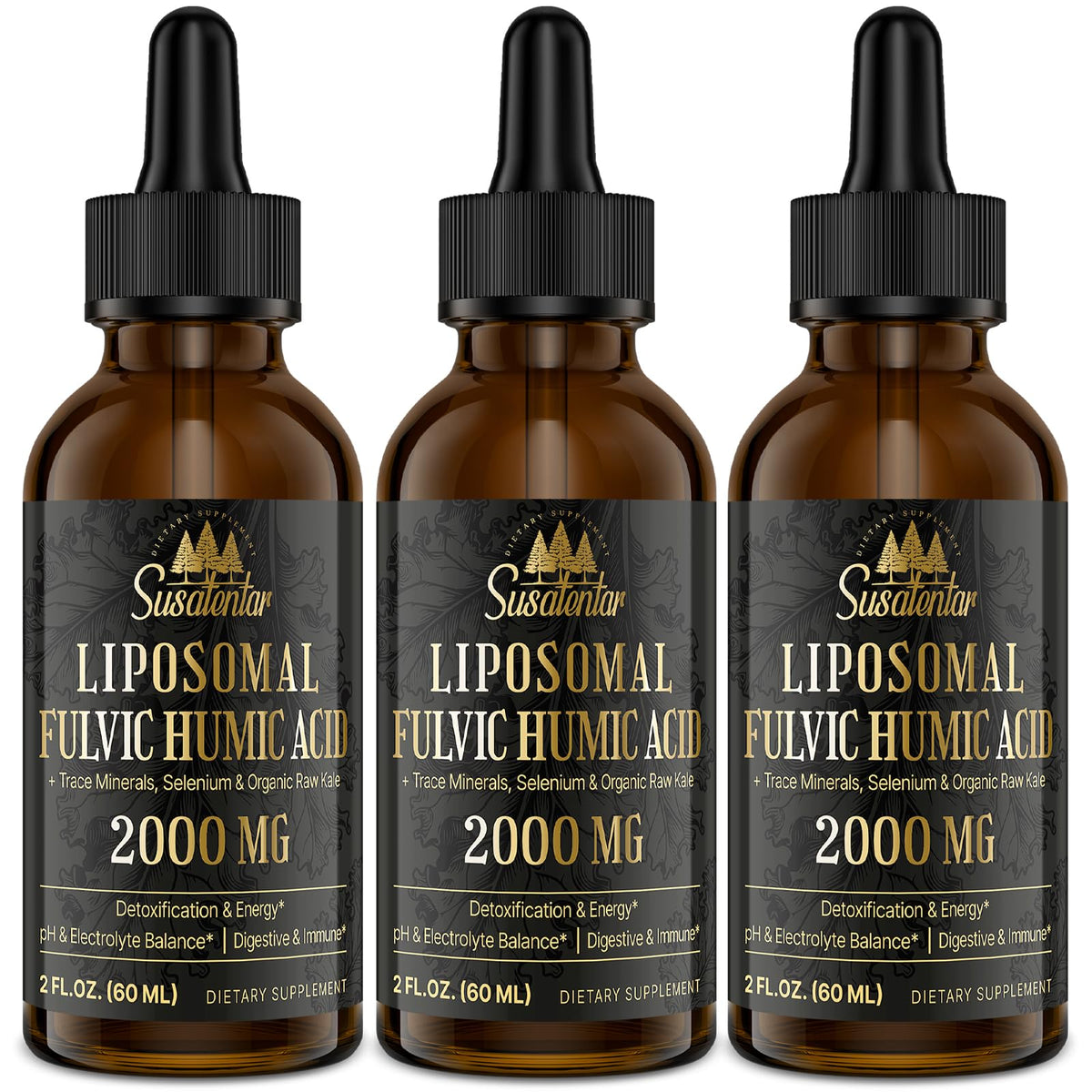 Product bottle label: 2000 mg liposomal fulvic acid with humic minerals