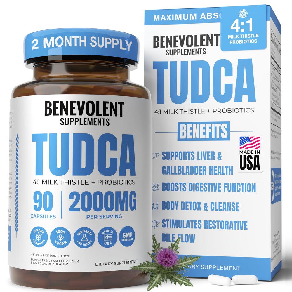 Product bottle showing 2000mg TUDCA with 90 vegan capsules