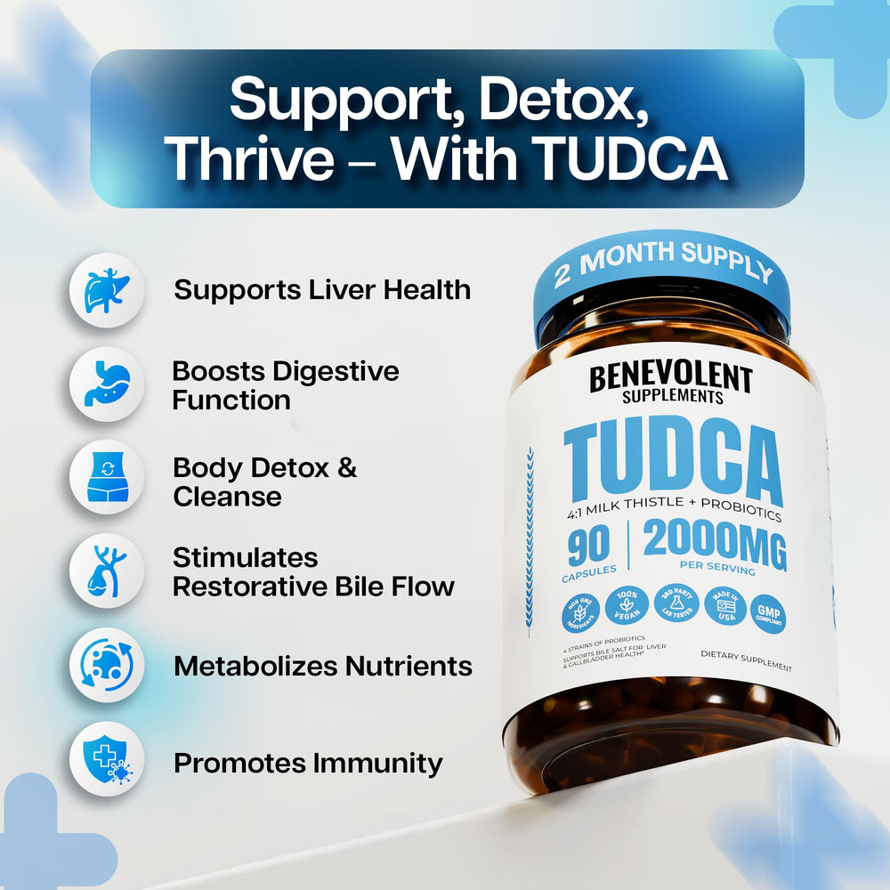 Close-up of the bottle label displaying 2000mg TUDCA and vegan capsules