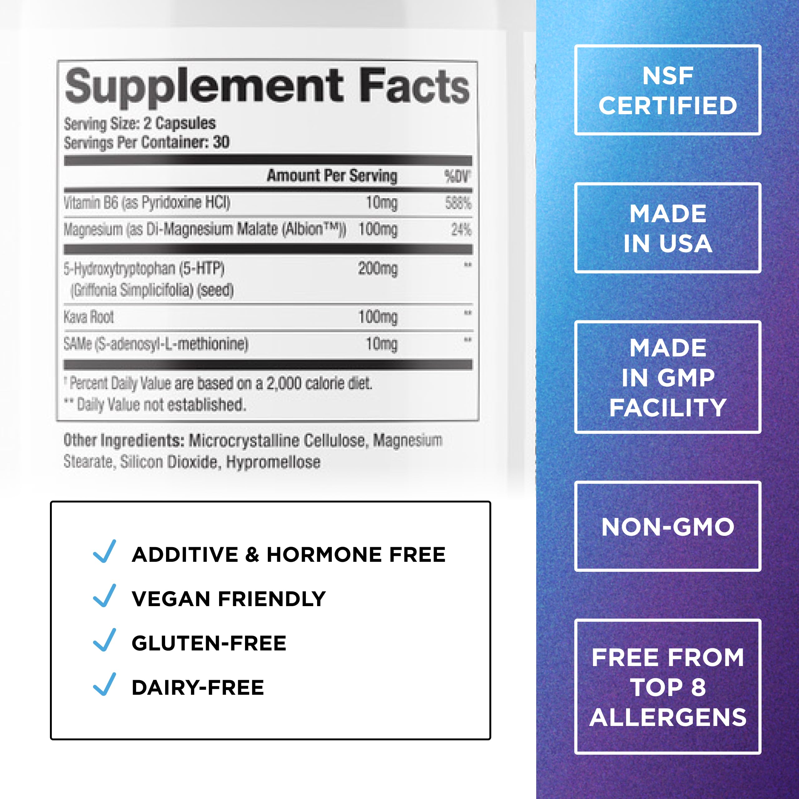 Product packaging showing 60 capsules of 5-HTP Elite with Kava and SAM-e