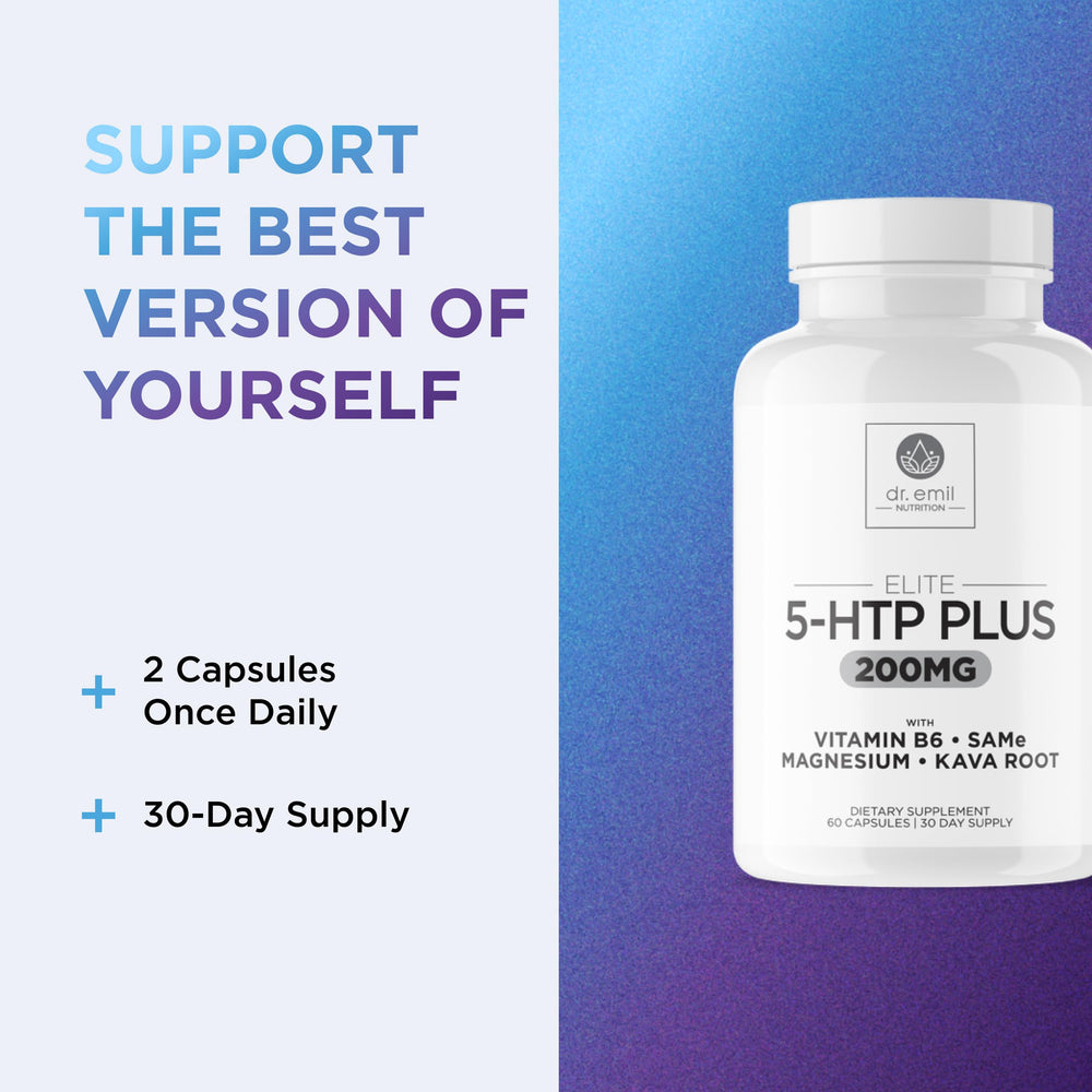 Wellbeing and sleep support theme with 5-HTP Elite bottle