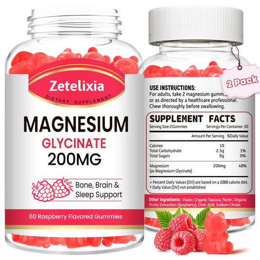 Front view of 2 pack bottle of 200 mg magnesium glycinate gummies raspberry flavor