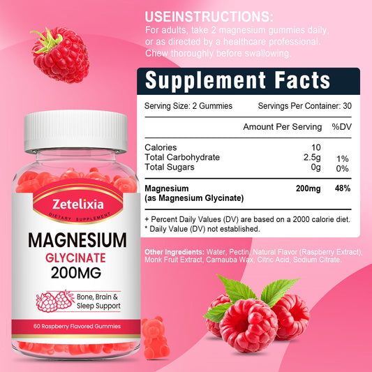 Bottle label highlighting 200 mg magnesium glycinate per gummy