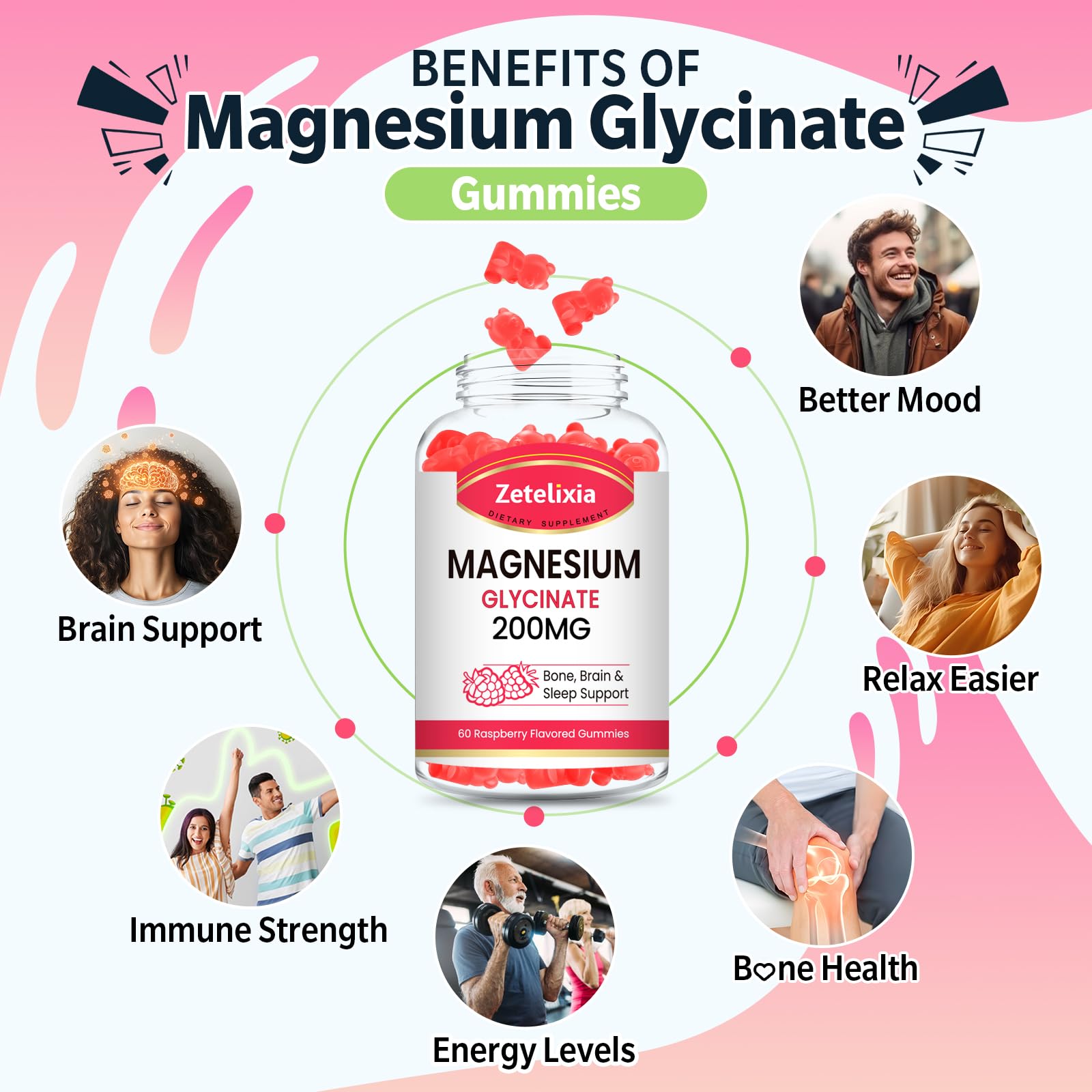 Close up of raspberry flavored magnesium glycinate gummies