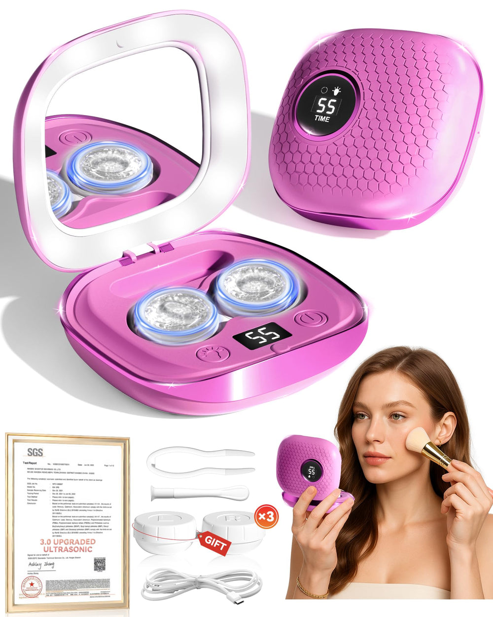 Front view of 2025 Ultrasonic Contact Lens Cleaner with purple body and control panel