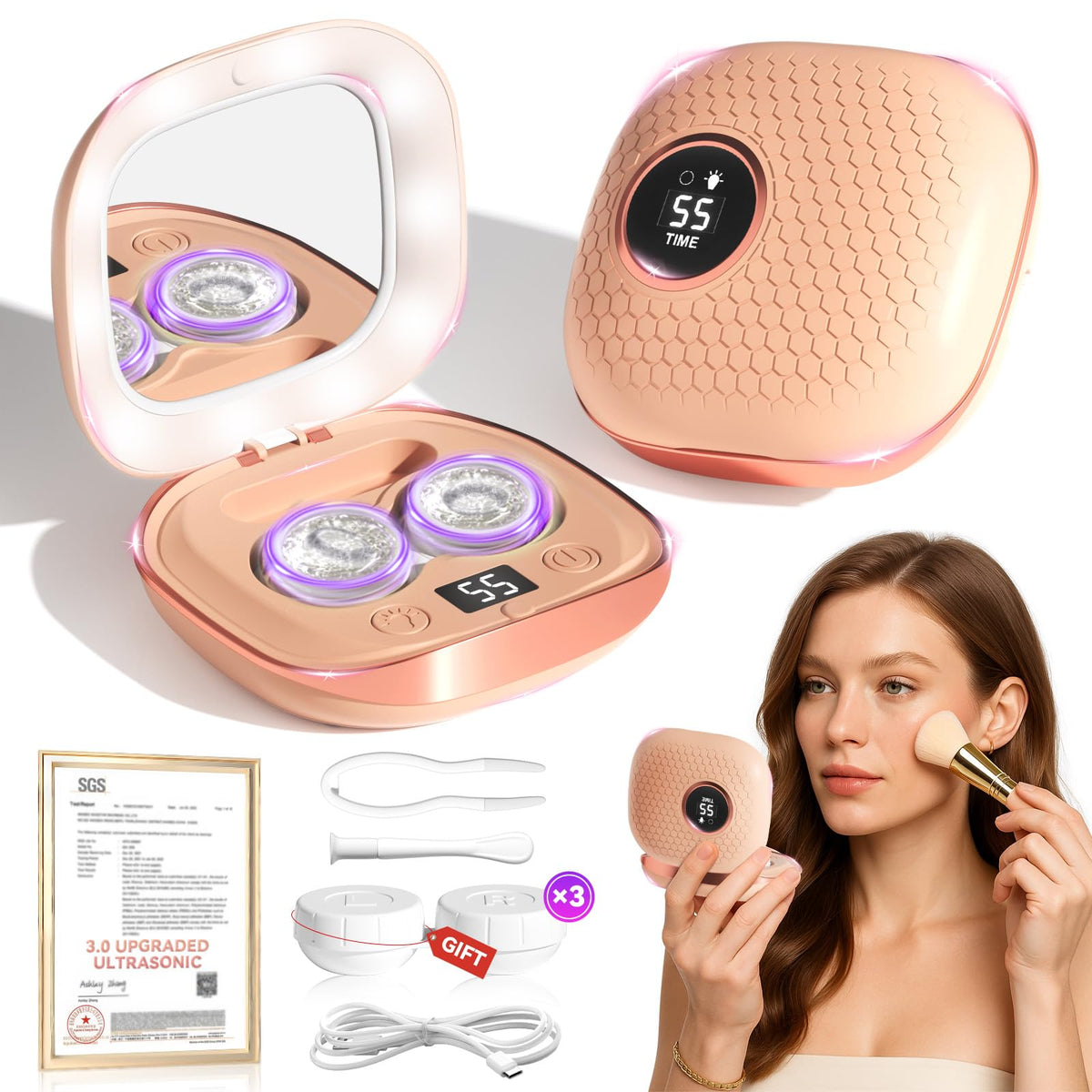Front view of the 2025 Upgraded Ultrasonic Contact Lens Cleaner in Chic Pink