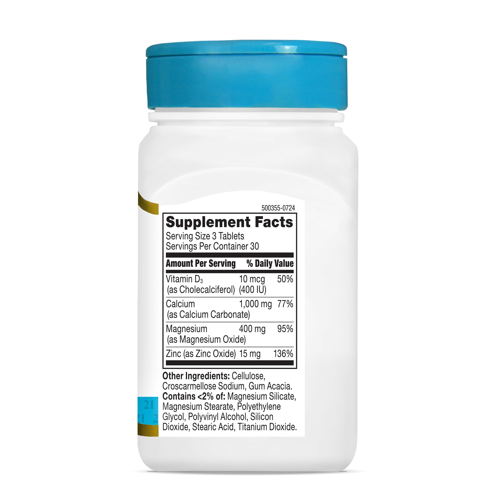 Back view of 21st Century Cal Mag Zinc +D Tablets bottle