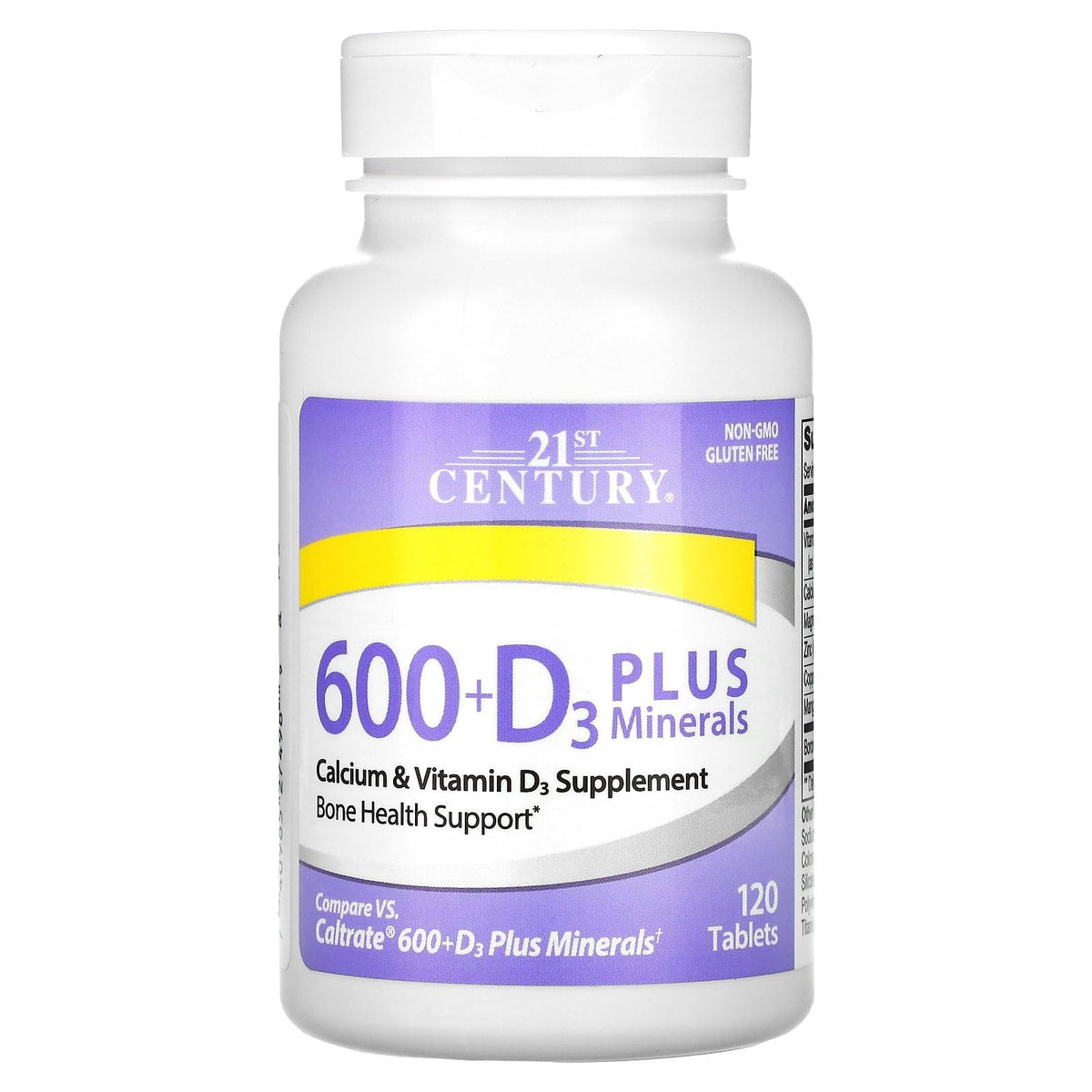 Front of 21st Century Calcium 600+D Plus Minerals Caplets bottle