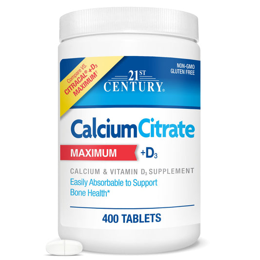 Front view of 21st Century Calcium Citrate Plus D3 Maximum Tablets bottle 400-count