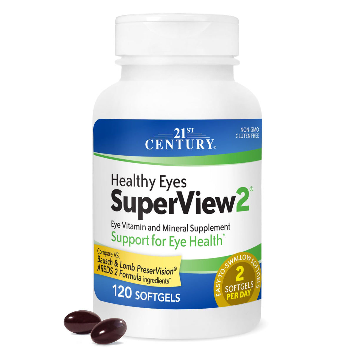 Label close-up of 21st Century Healthy Eyes SuperView 2 Softgels bottle