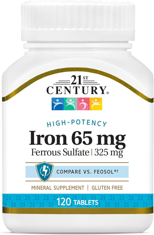 Front view of 21st Century Iron ferrous sulfate tablets bottle, 120-count