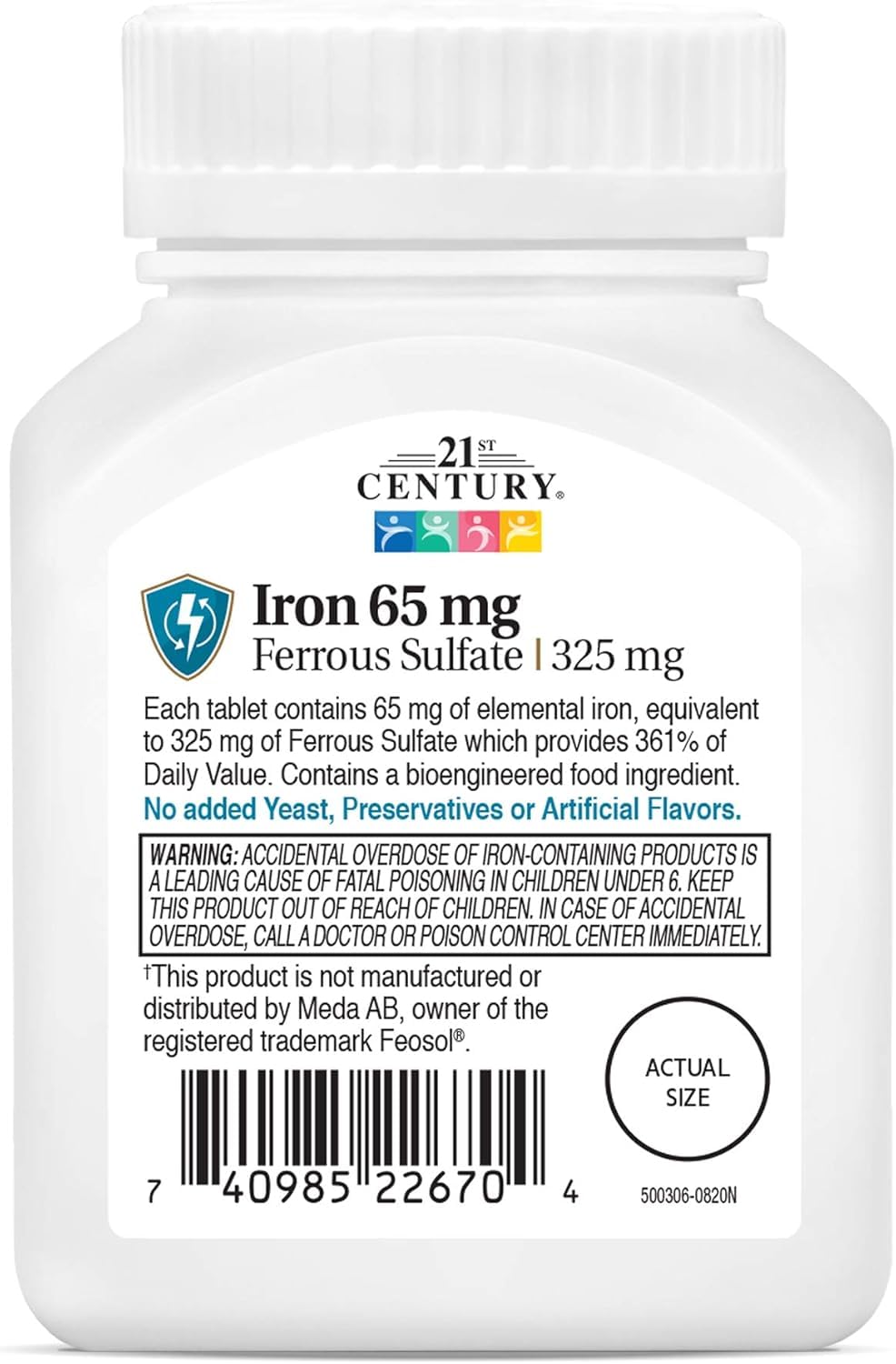 Close-up of ferrous sulfate tablet showing 65 mg elemental iron content