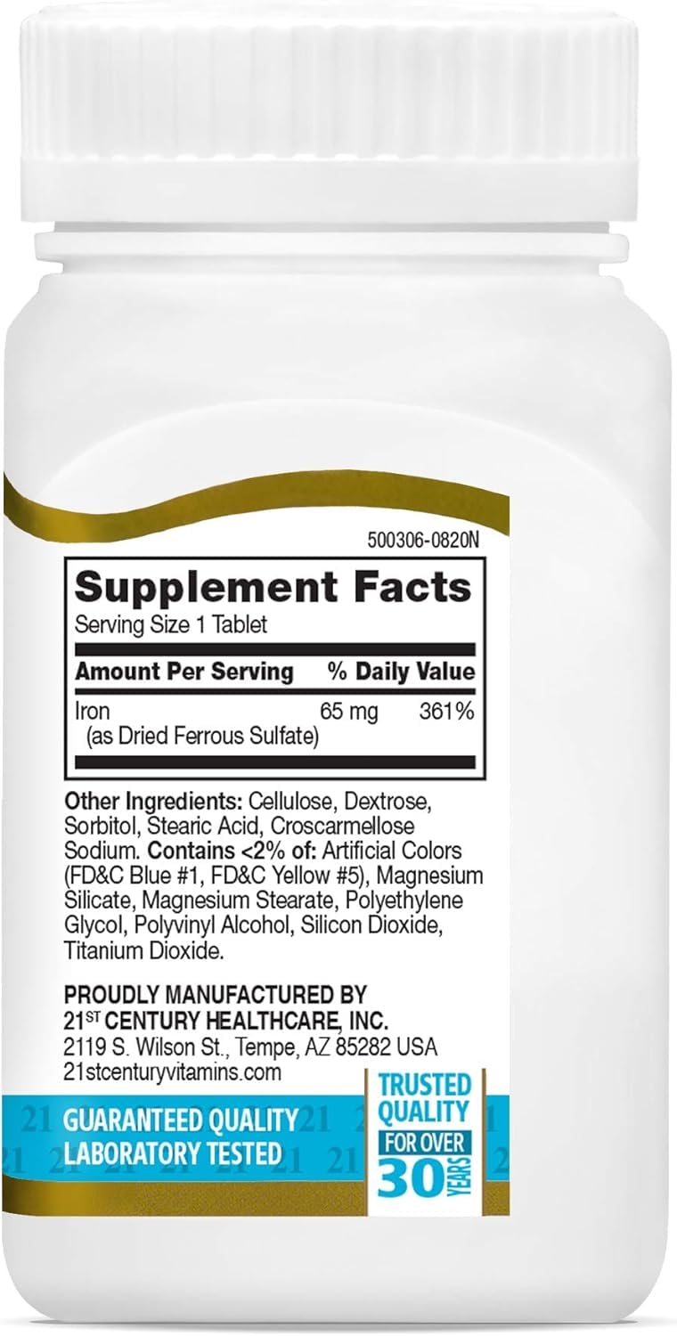 Supplement bottle label highlighting iron content of 65 mg elemental iron