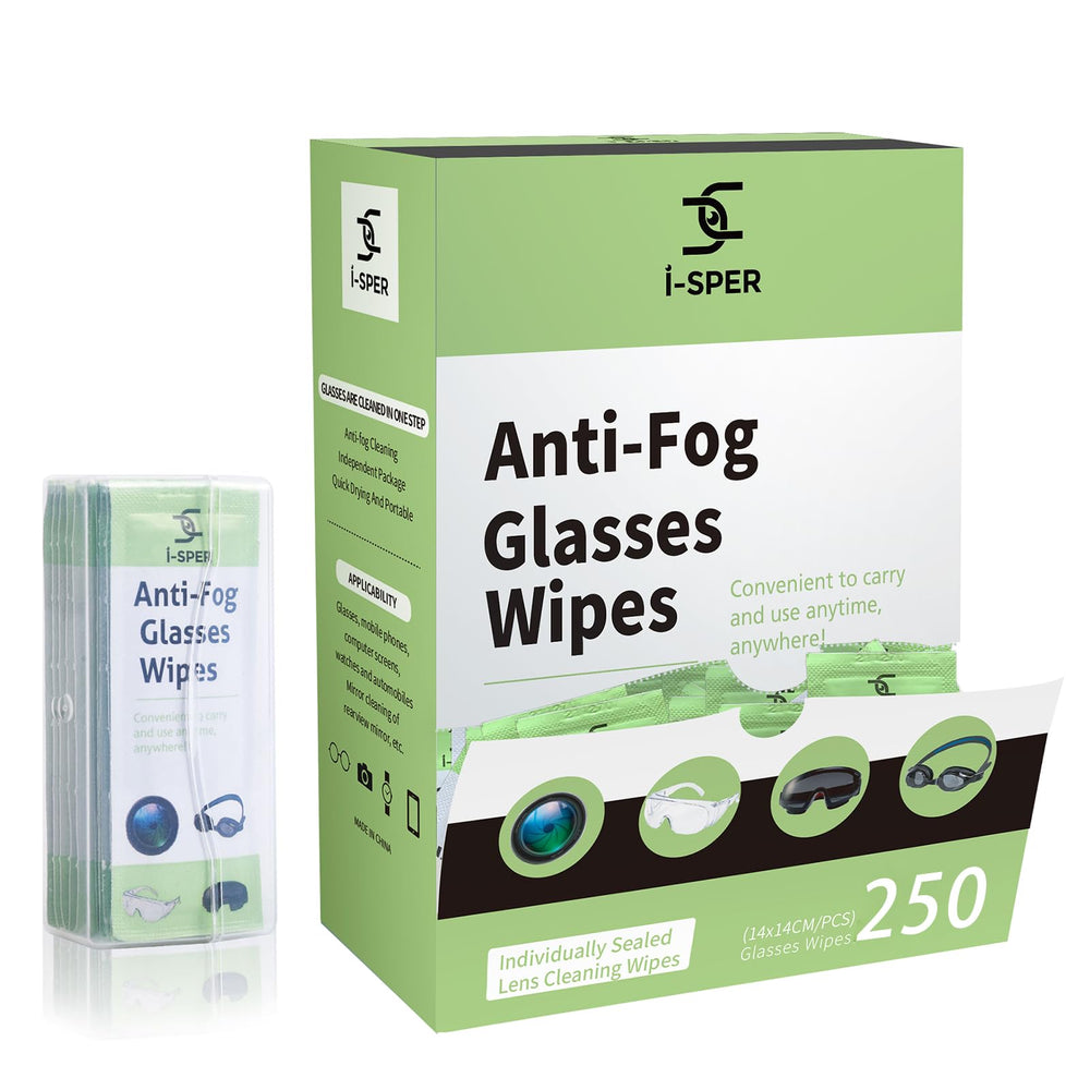 Box of 250-count anti-fog lens wipes with carry box