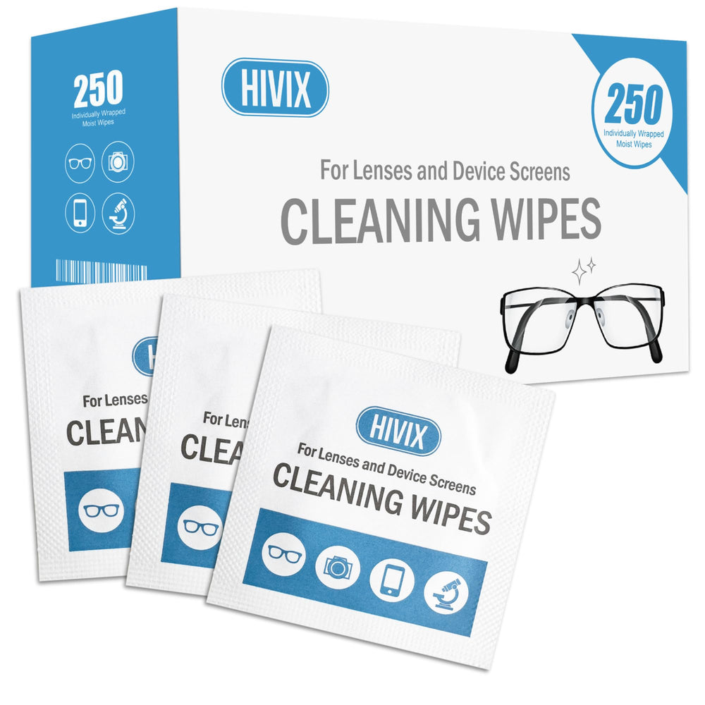 Packaging front view of 250-count lens wipes