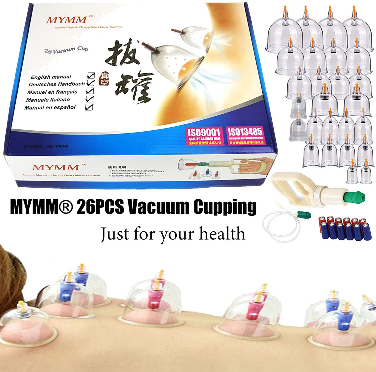 Front view of the 26-piece cupping therapy kit