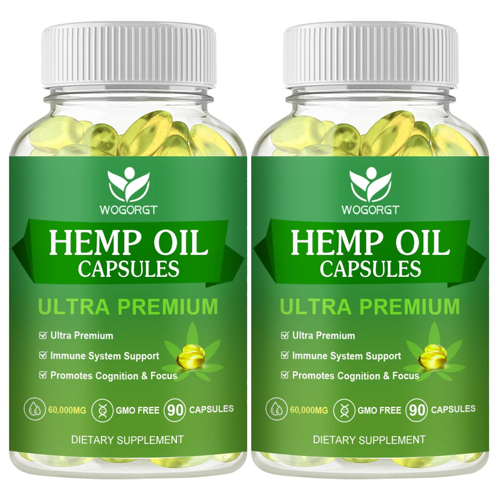 2Pack Hemp Oil Capsules bottle and 90-count package