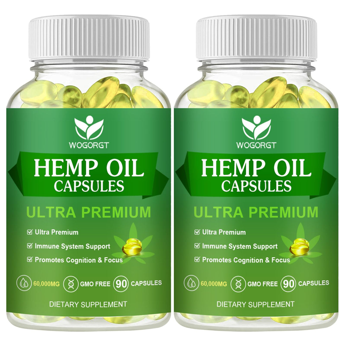 2Pack Hemp Oil Capsules bottle and 90-count package
