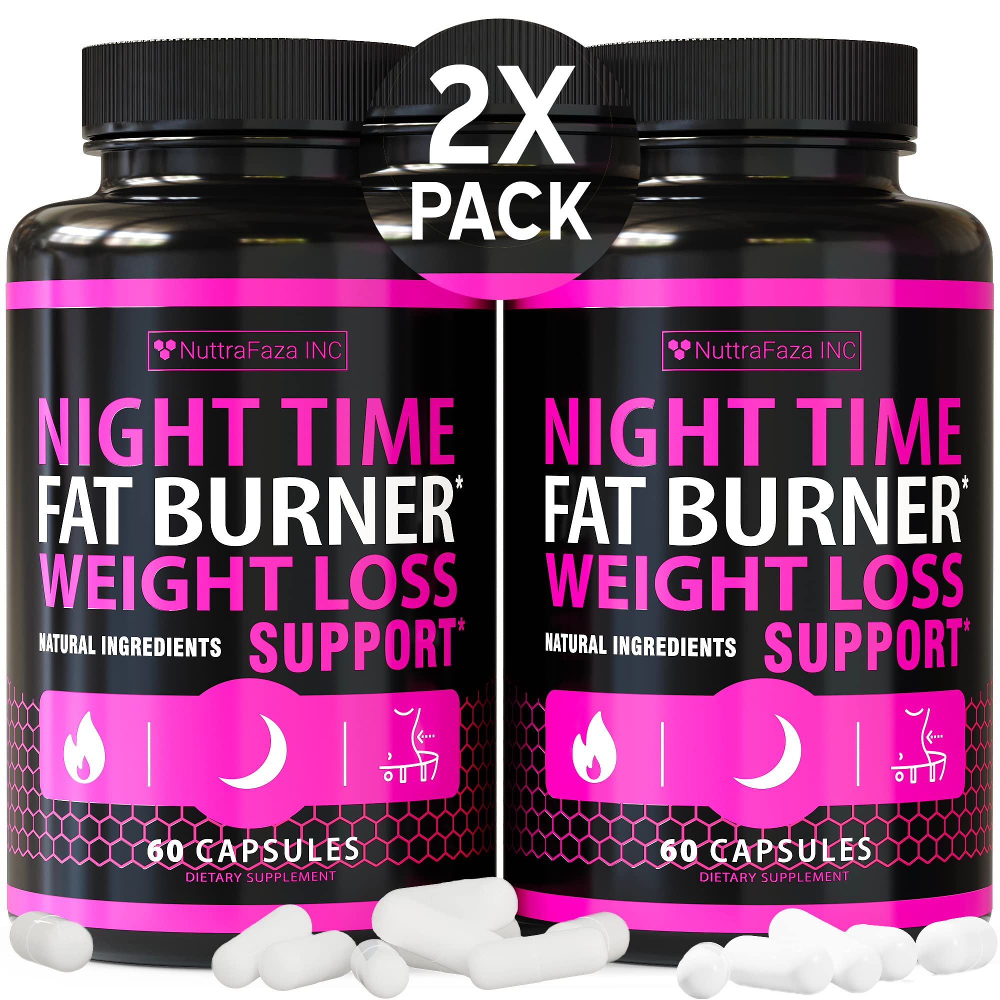Box and bottle of 2-pack Night Time Weight Loss Pills for Women