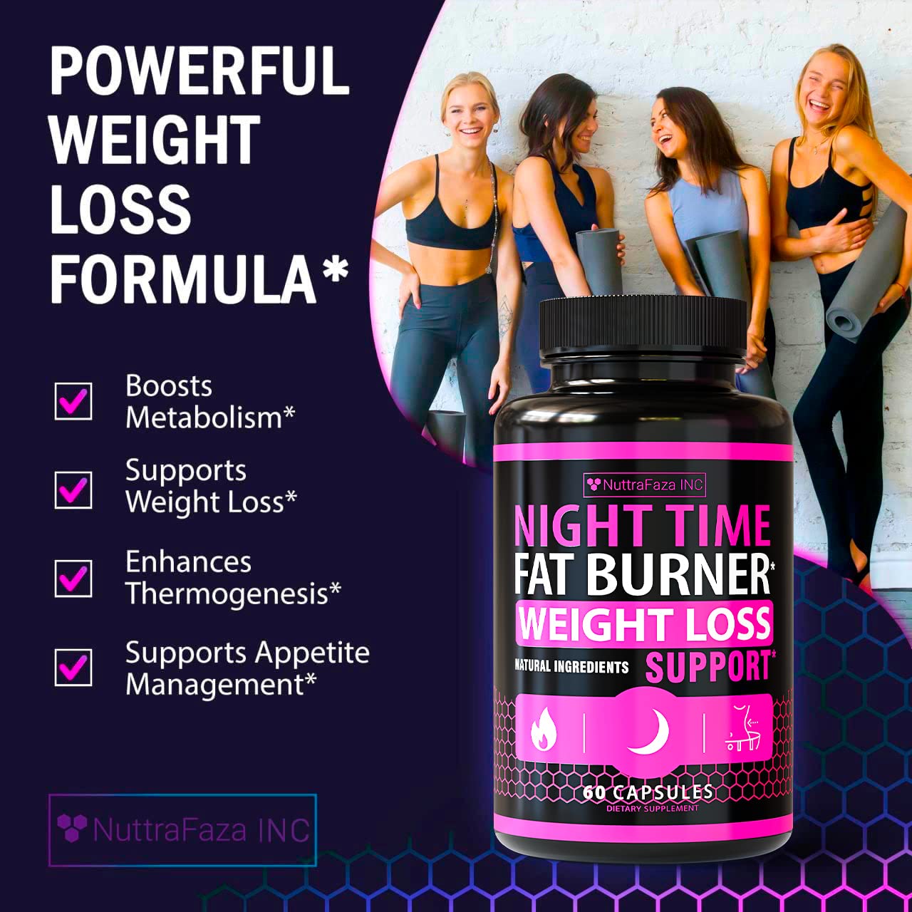 Lifestyle image of a woman using night-time fat burner pills