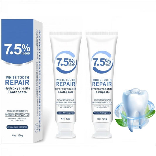 Two-pack hydroxyapatite toothpaste packaging with 7.5% formula